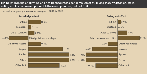 This chart shows: 'Rising knowledge of nutrition and health encourages consumption of fruits and vegetables, while eating out favors consumption of lettuce and potatoes, but not fruit'.