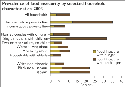 This chart shows: 'Prevalence of food insecurity by selected household characteristics, 2003'.
