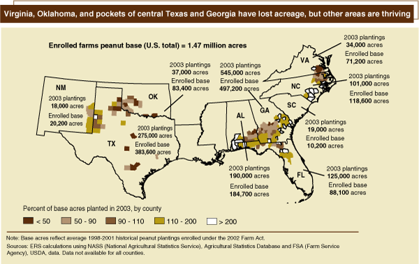 This chart shows: 'Virginia, Oklahoma, and pockets of central Texas and Georgia have lost acreage, but other areas are thriving'.