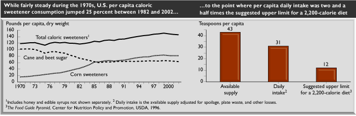 This chart shows: 'While fairly steady during the 1970s, U.S. percapita caloric sweetener consumption jumped 25 percent between 1982 and 2002...to the point where per capita daily intake was two and a half times the suggested upper limit for a 2,200-calorie diet'.