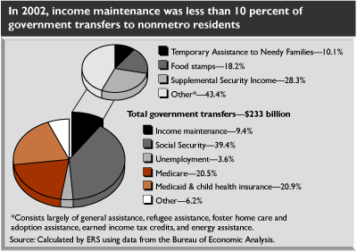 This chart shows: 'In 2002, income maintenance was less than 10 percent of government transfrs to nonmetro residents'.