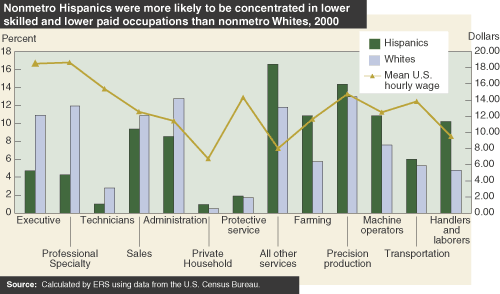 This chart shows: 'Nonmetro Hispanics were more likely to be concentrated in lower skilled and lower paid occupations than nonmero Whites, 2000'.