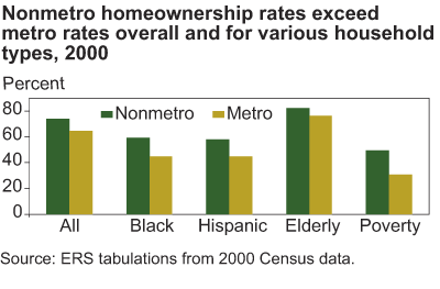 This chart shows: 'Nonmetro homeownership rates exceed metro rates overall and for various household types, 2000'.