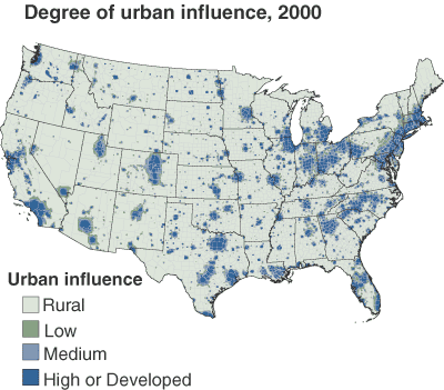 This chart shows: 'Degree of urban influence, 2000'.