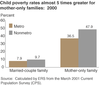 This chart shows: 'child poverty rates almost 5 times greater for mother-only families: 2000'.
