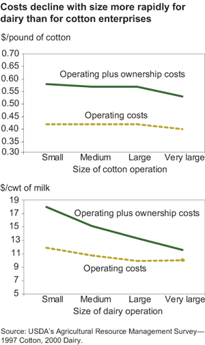 This chart shows: 'costs decline with size more rapidly for dairy than for cotton enterprises'.