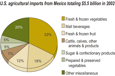 This chart shows: 'U.S. agricultural imports from Mexico totaling $5.5 billion in 2002'.