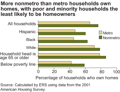 This chart shows: 'More nonmetro than metro households own homes, with poor and minority households the lease likely to be homeowners'.