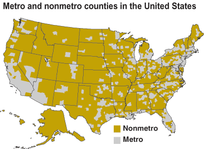 This chart shows: 'Metro and nonmetro counties in the United States'.