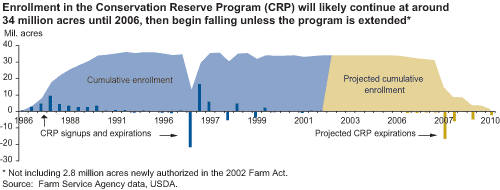 This chart shows: 'Enrollment in the Conservation Reserve Program (CRP) will likely continue at around 34 million acres until 2006, then begin falling unless the program is extended*'.