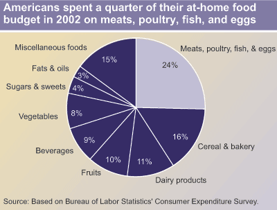 This chart shows: 'Americans spent a quarter of their at-home food budget in 2002 on meats, poultry, fish, and eggs'.