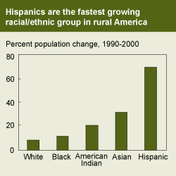 This chart shows: 'Hispanics are the fastest growing racial/ethnic group in rural America'.