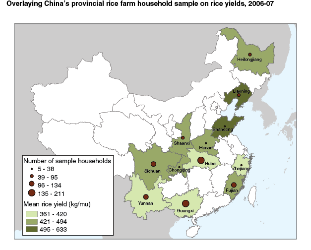 This chart shows: 'Overlaying China's provincial rice farm household sample on rice yields, 2006-07'.