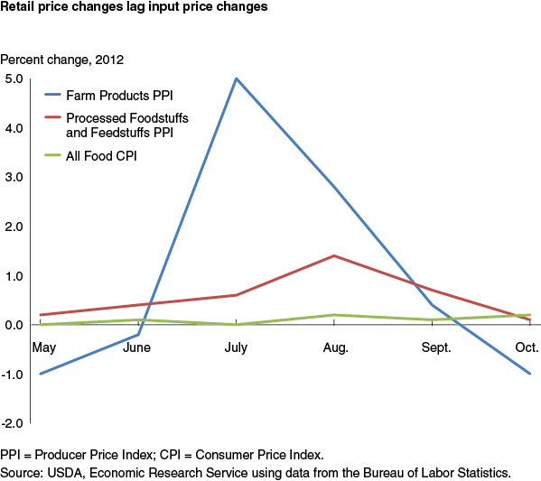 This chart shows: 'Retail price changes lag input price changes'.