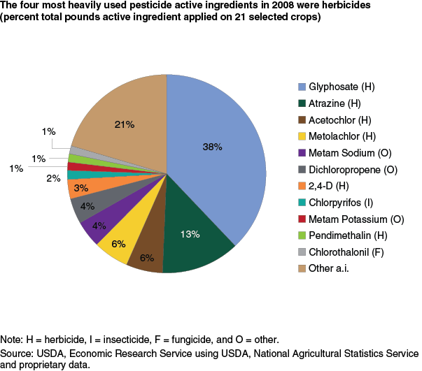 This chart shows: 'The four most heavily used pesticide active ingredients in 2008 were herbicides (percent total pounds a.i. applied on 21 selected crops)'.