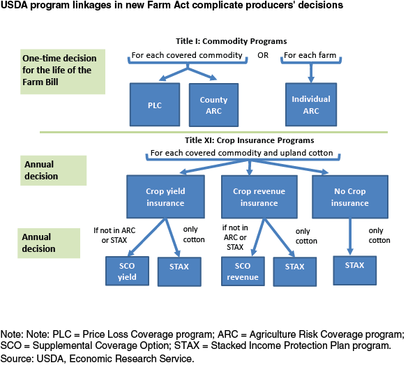 This chart shows: 'Program linkages in new Farm Act complicate producers' decisions'.