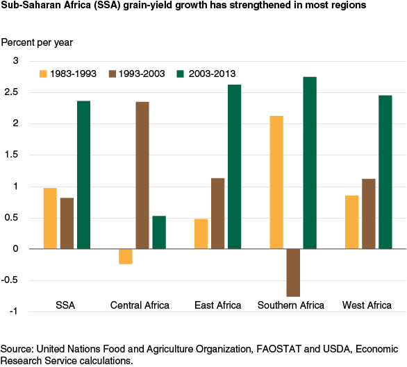 This chart shows: 'Sub-Saharan Africa (SSA) grain yield growth has strengthened in most regions'.