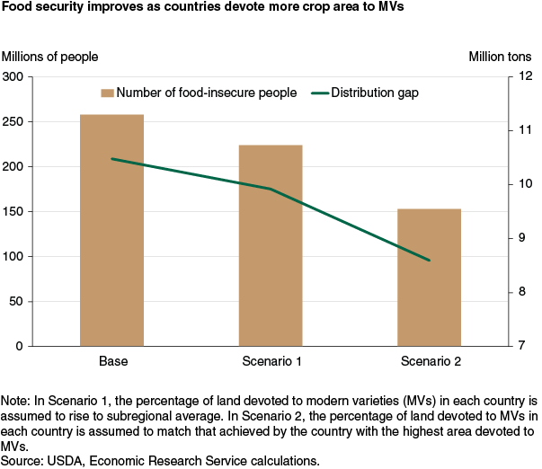 This chart shows: 'Food security improves as countries devote more crop area to MVs'.