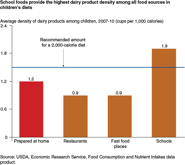 This chart shows: 'School foods provide the highest dairy product density among all food sources in childern's diets'.