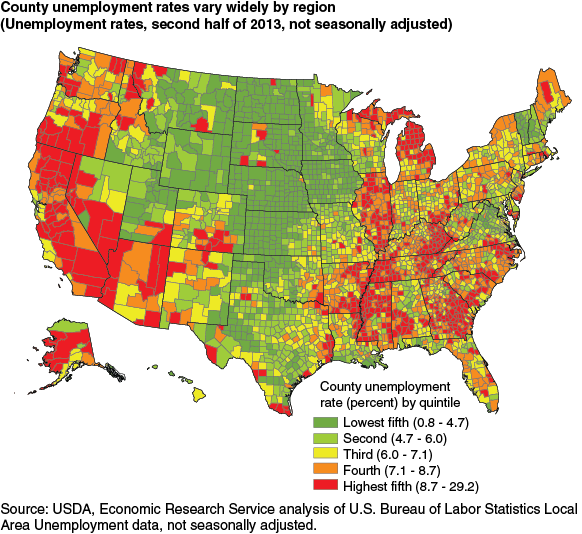 This chart shows: 'County unemployment rates vary widely by region'.