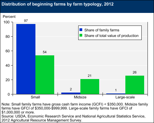 This chart shows: 'Distribution of beginning farms by farm typology, 2012'.