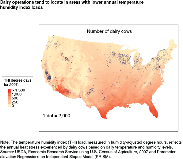 This chart shows: 'Dairy operations tend to locate in areas with lower annual temperature humidity index loads'.