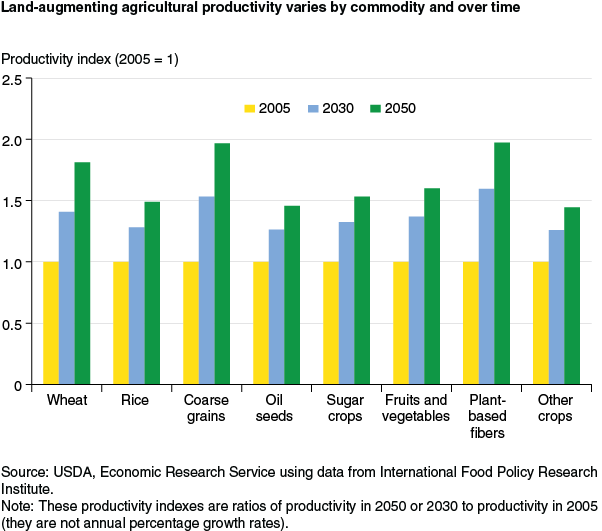 This chart shows: 'Land-augmenting agricultural productivity varies by commodity and over time'.