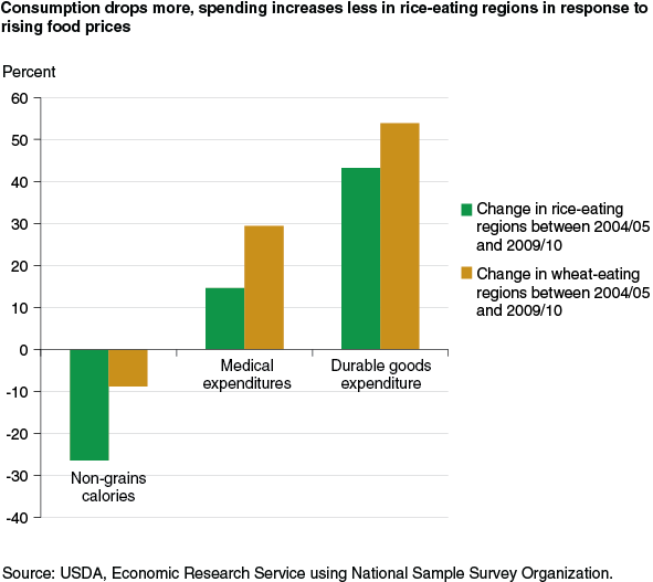 This chart shows: 'Consumption drops more, spending increases less in rice-eating regions in response to rising food prices'.