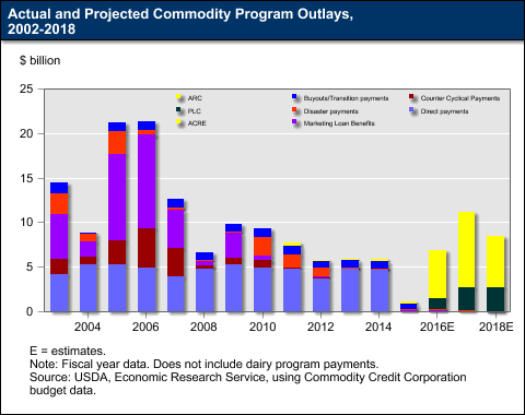 This chart shows: 'Actual and Projected Commodity Program Outlays, 2002-2018'.
