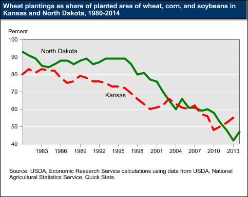 This chart shows: 'Wheat plantings as share of planted area of wheat, corn, and soybeans in Kansas and North Dakota, 1980-2014'.
