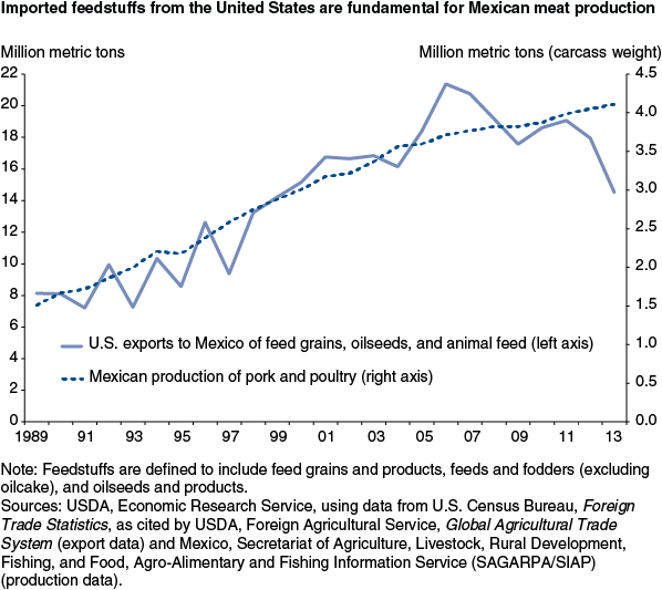 This chart shows: 'Imported feedstuffs from the United States are fundamental for Mexican meat production'.