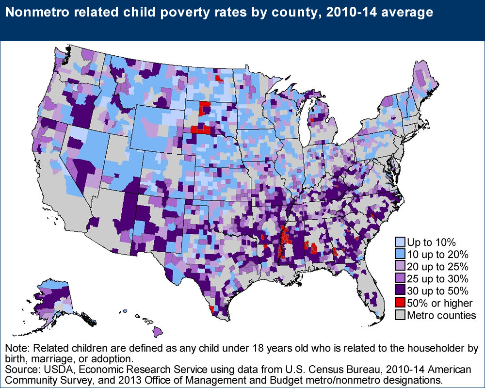 This chart shows: 'Nonmetro related child poverty rates by county, 2010-14 average'.