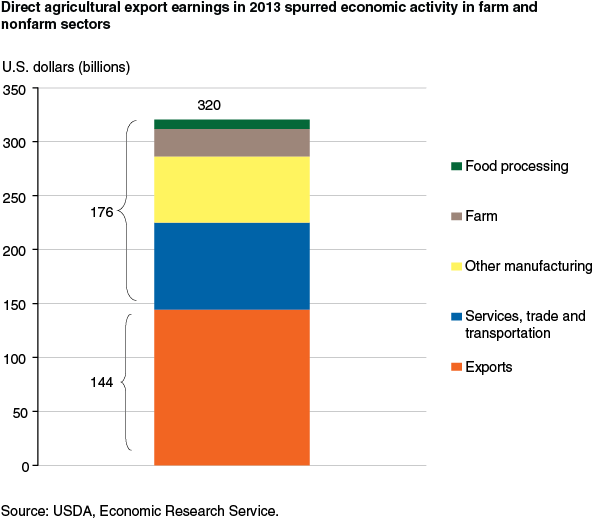 This chart shows: 'Direct agricultural export earnings in 2013 spurred economic activity in farm and nonfarm sectors'.