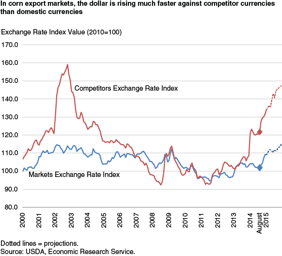 This chart shows: 'In corn export markets, the dollar is rising much faster against competitor currencies than domestic currencies'.