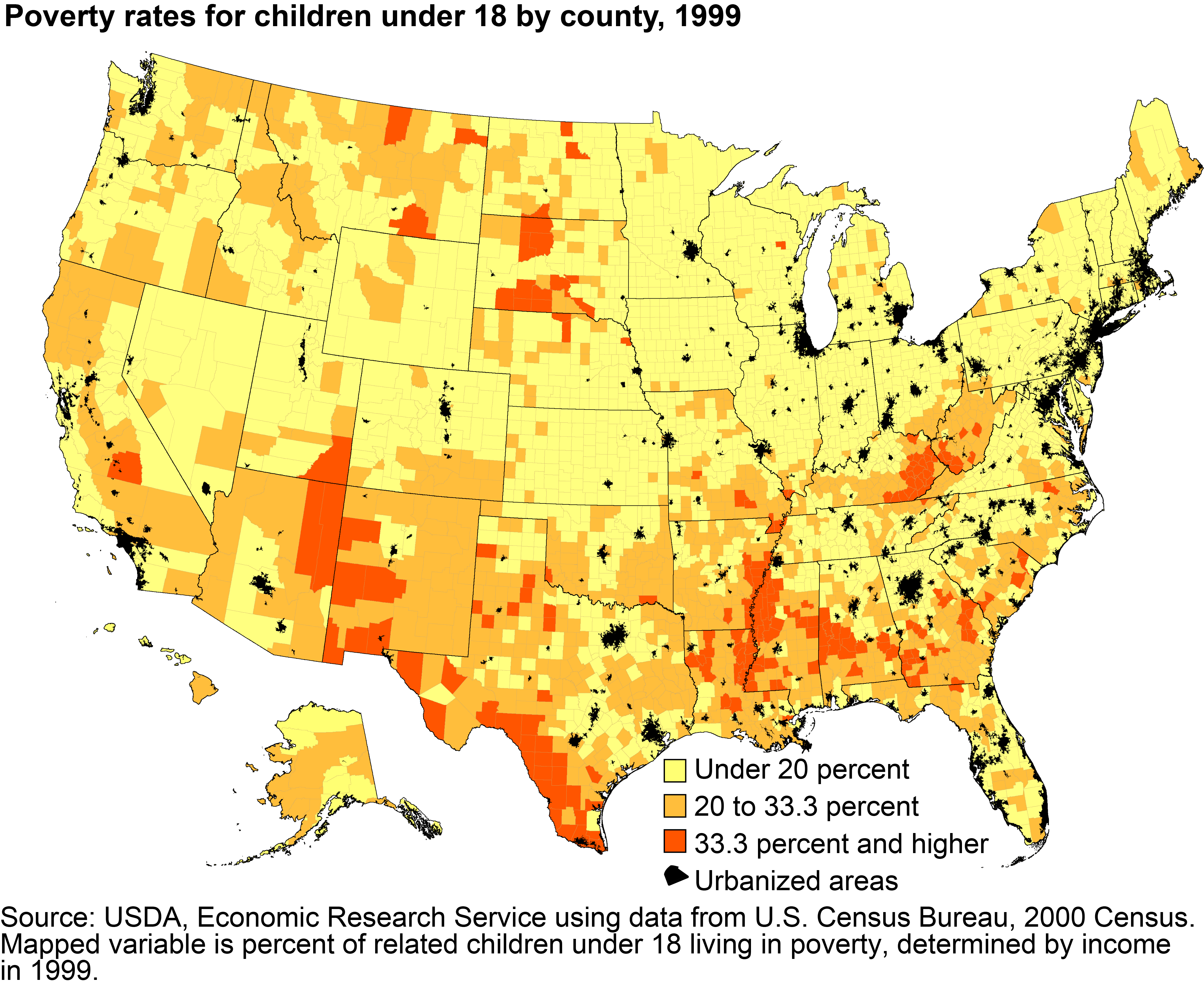 This chart shows: 'In 1999, one in 5 rural children lived in families that were poor'.