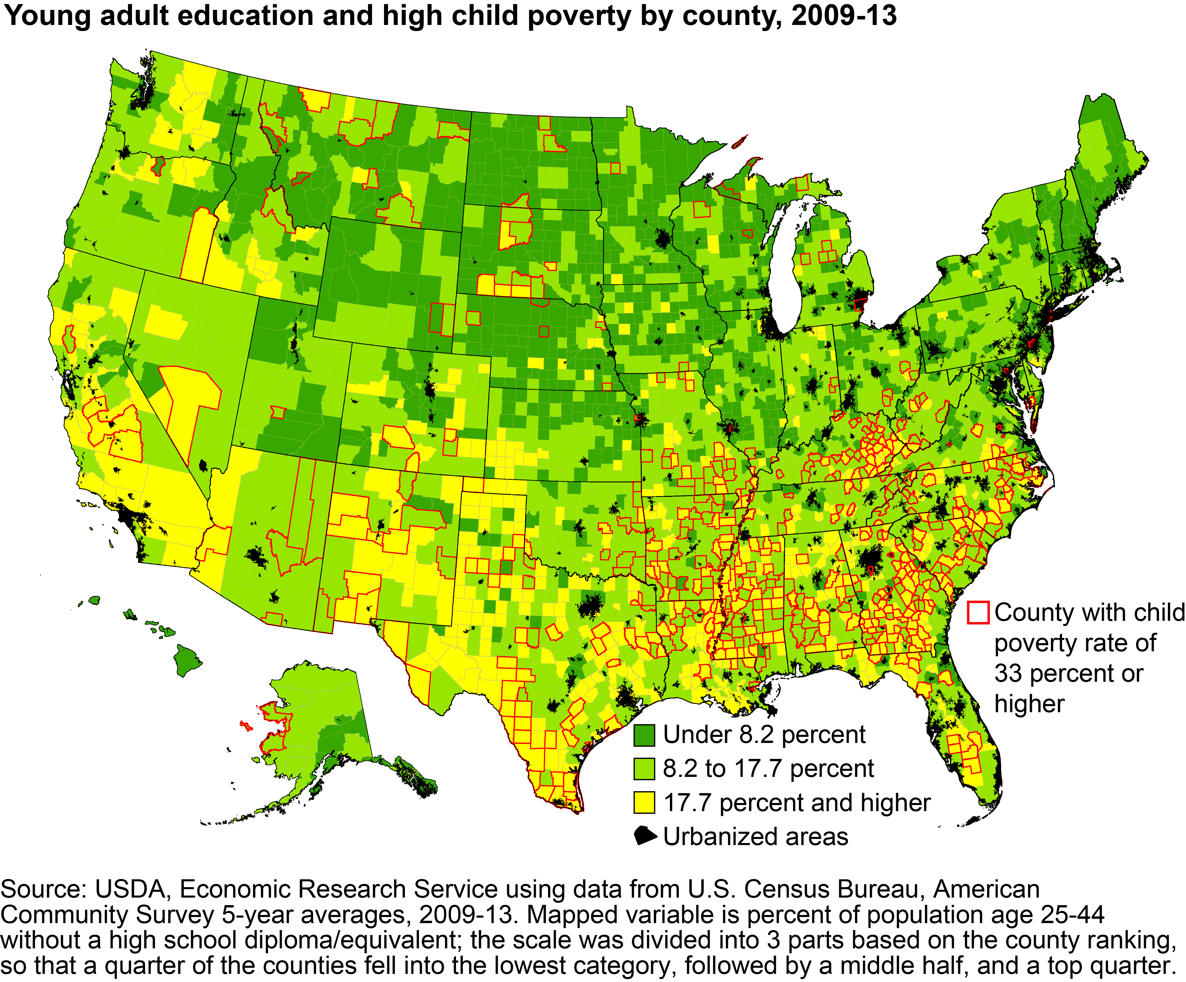 This chart shows: 'Child poverty in 2009-13 was high where young adult education was low, especially in the South'.