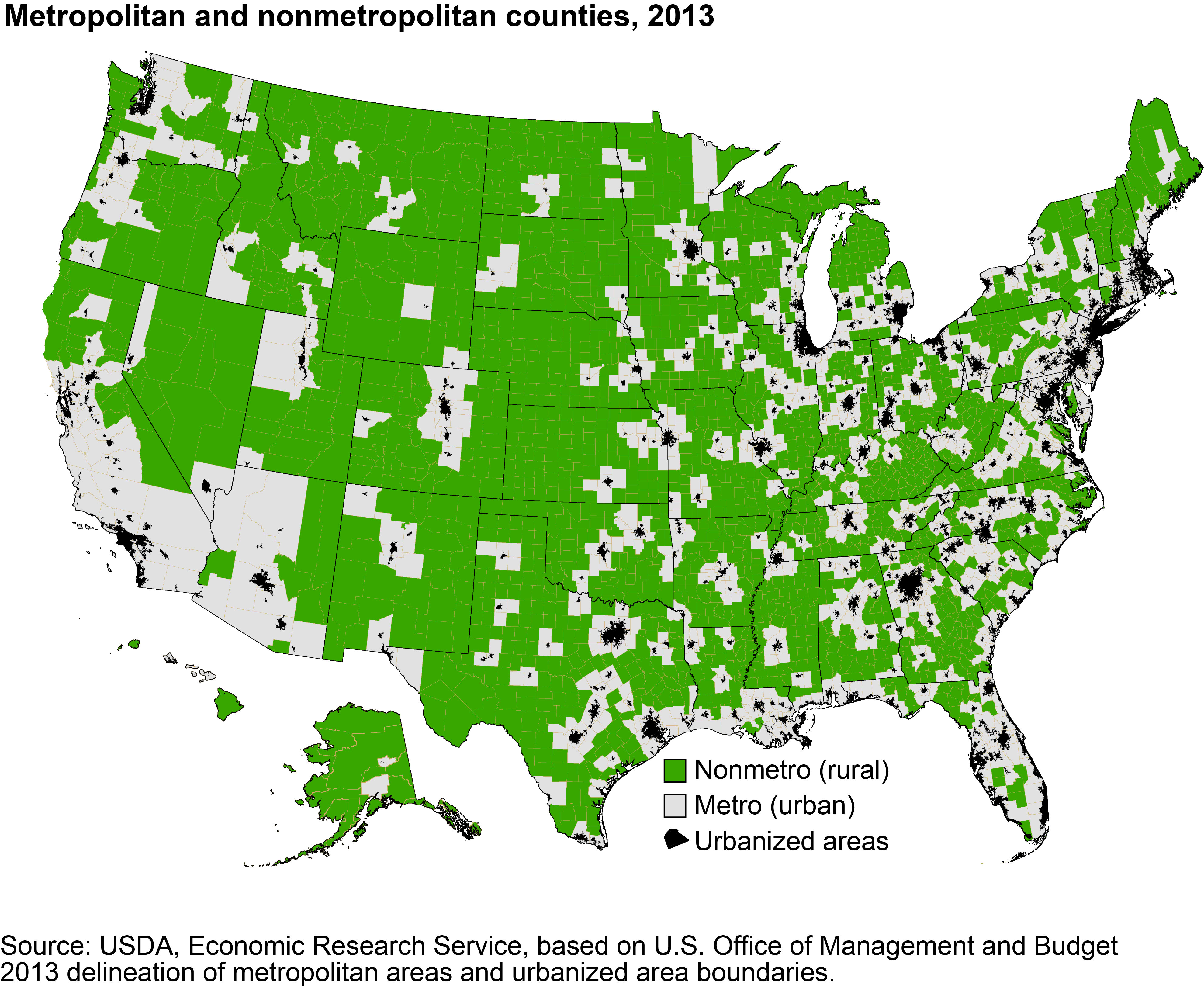 This chart shows: 'Nonmetropolitan (rural) and metropolitan  (urban) counties in the U.S.'.