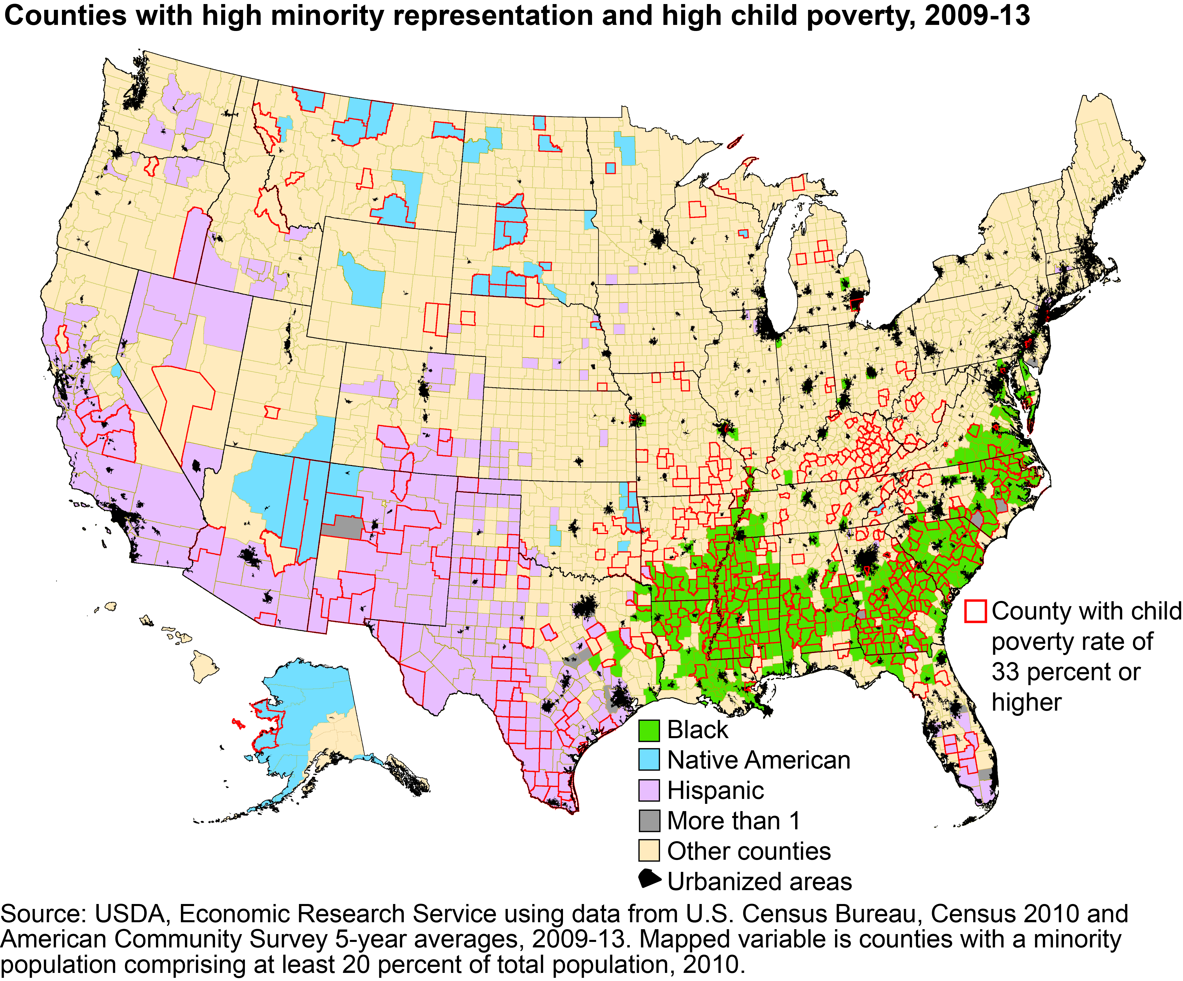 This chart shows: 'Not only minority counties had high child poverty in 2009-13'.