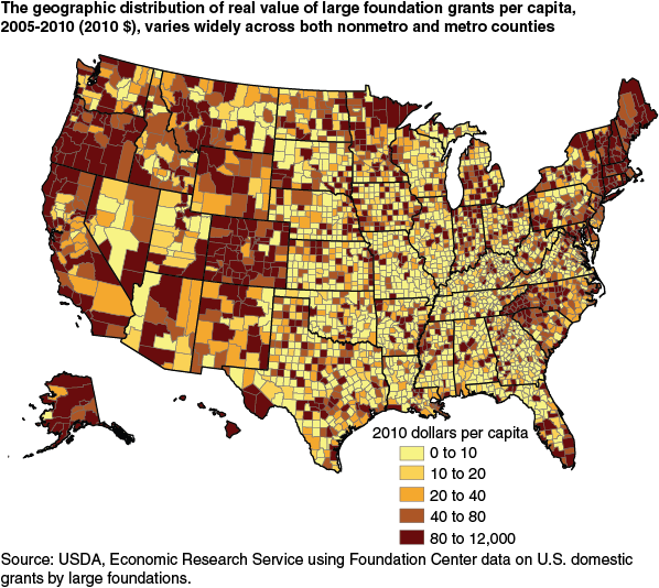 This chart shows: 'The geographic distribution of real value of large foundation grants per capita,  2005-2010 (2010 $), varies widely across both nonmetro and metro counties'.