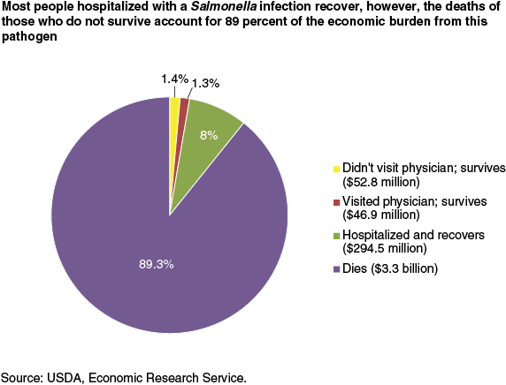 This chart shows: 'Most people hospitalized with a Salmonella infection recover, however, the deaths of those who do not survive account for 89 percent of the economic burden from this pathogen'.