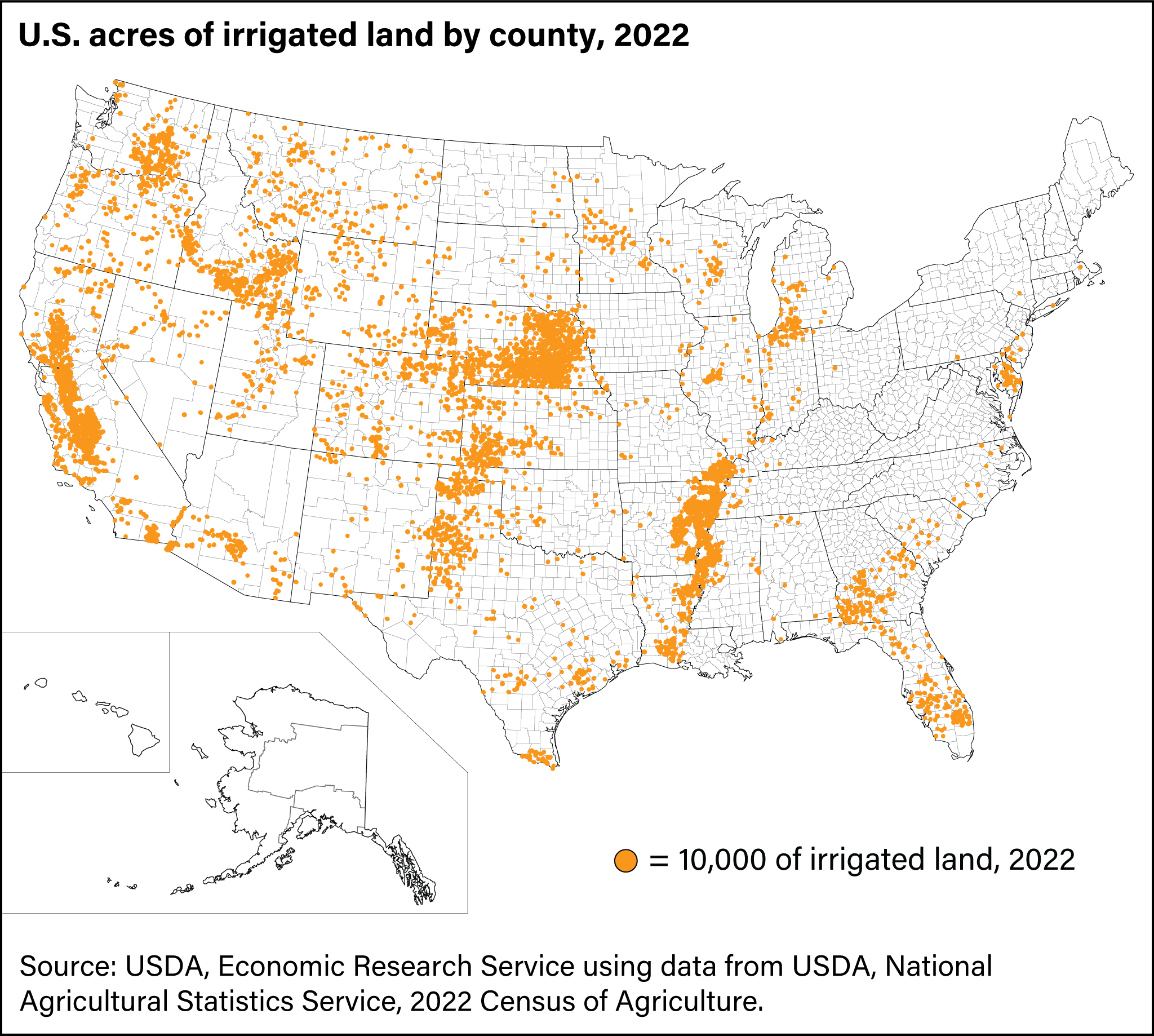 U.S. map showing acres of irrigated land by county, 2022