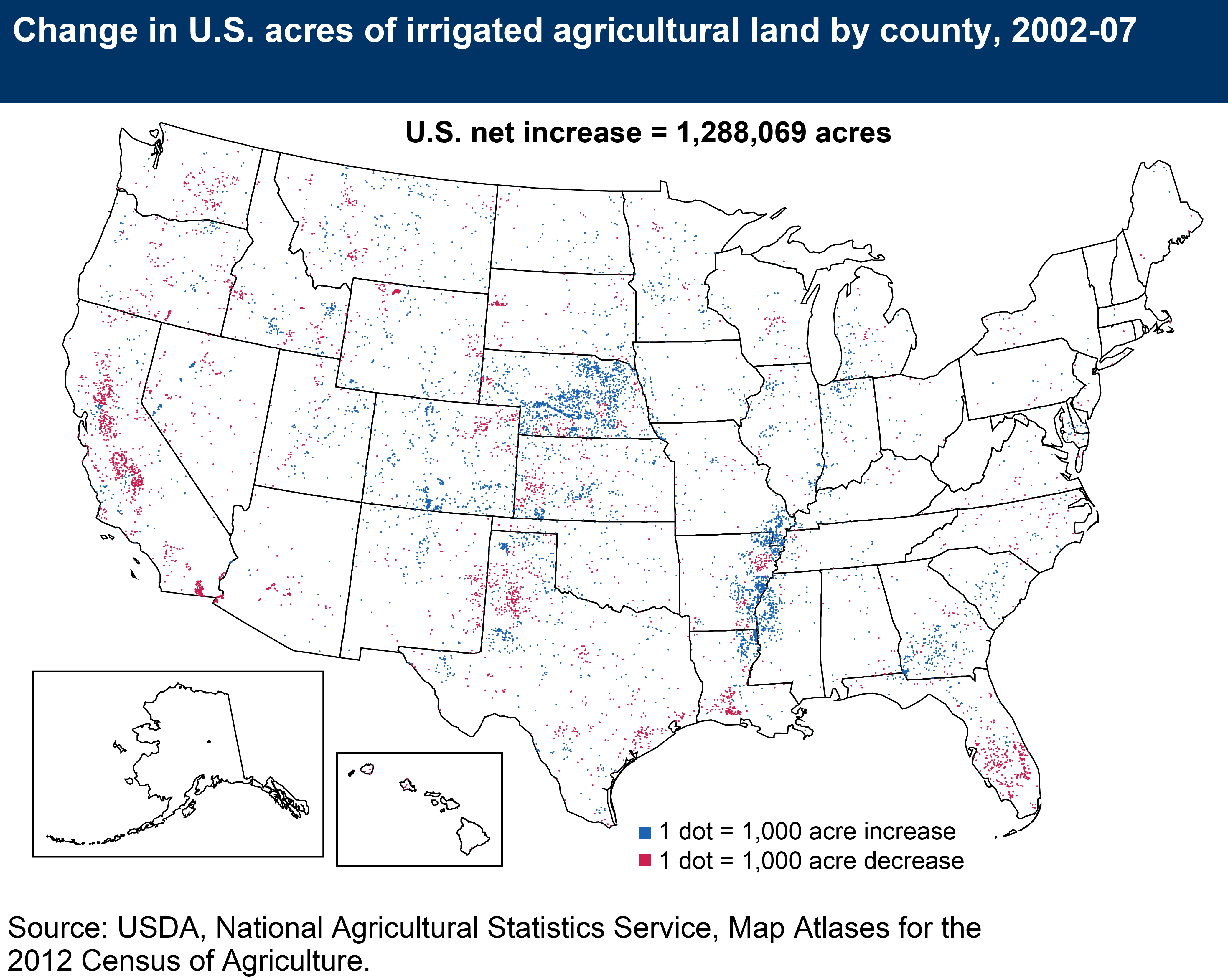 Change in U.S. acres of irrigated agricultural land by county, 2002-07