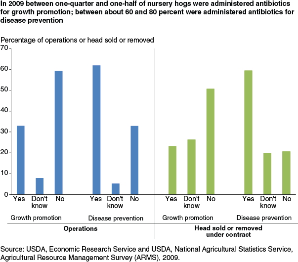 This chart shows: 'In 2009 between one-quarter and one-half of nursery hogs were administered antibiotics for growth promotion; between about 60 and 80 percent were administered antibiotics for disease prevention'.