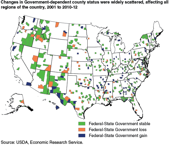 This chart shows: 'Changes in Government-dependent county status were widely scattered, affecting all regions of the country, 2001 to 2010-12'.