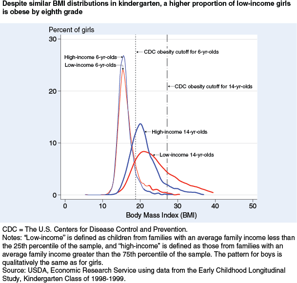 This chart shows: 'Despite similar BMI distributions in kindergarten, a higher proportion of low-income girls is obese by eighth grade'.