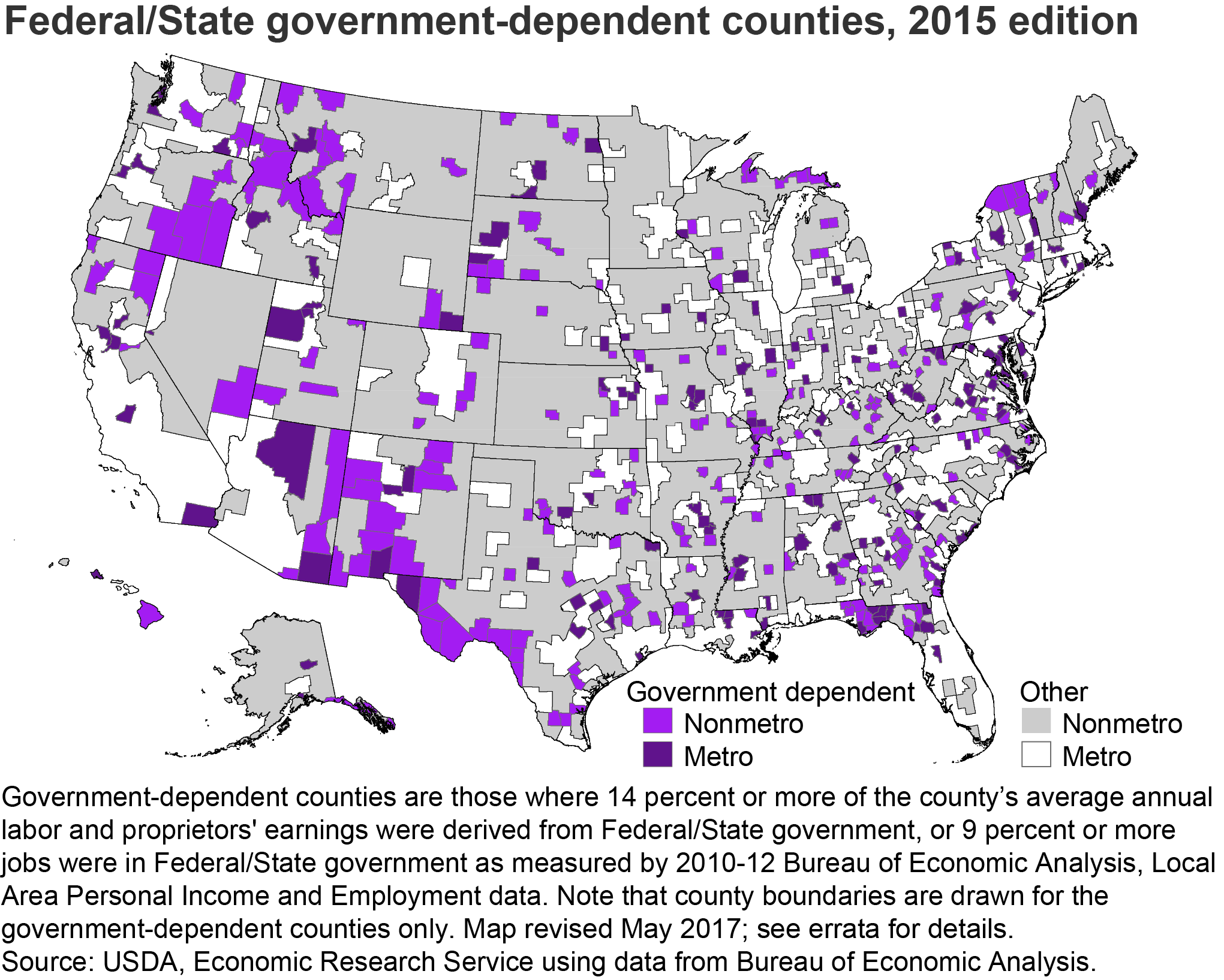 Federal/State government-dependent counties, 2015 edition
