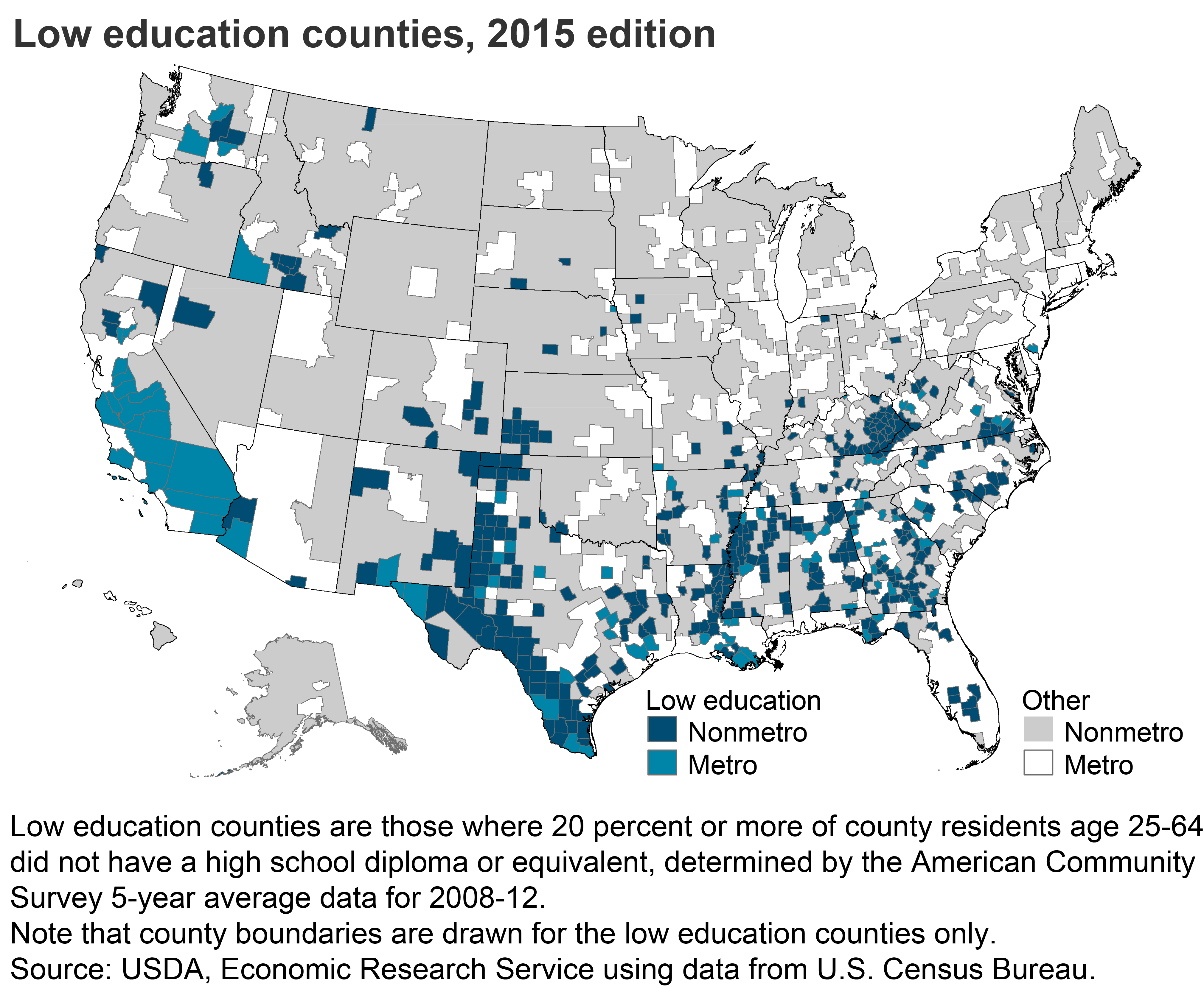 This chart shows: 'Low education counties, 2015 edition'.