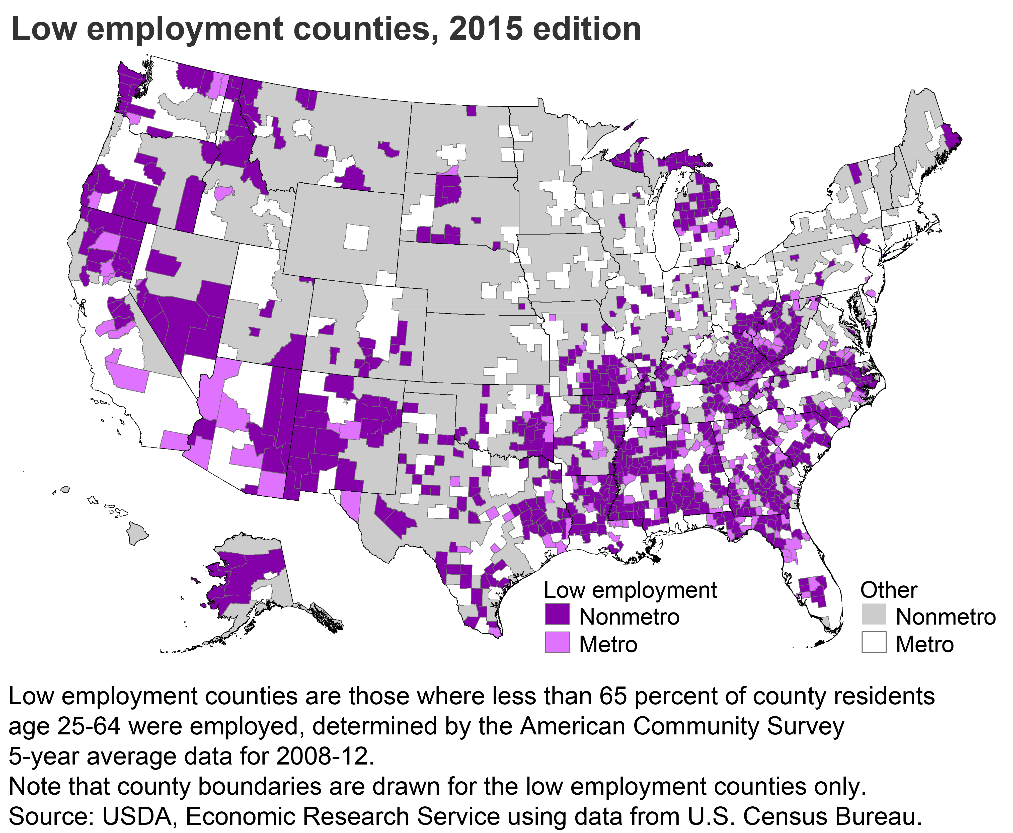 This chart shows: 'low employment counties, 2015 edition'.