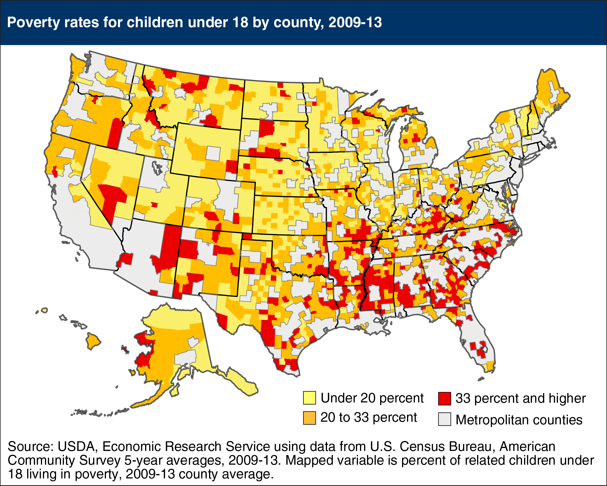 Map showing poverty rates for children under18 by county, 2009-13