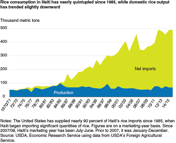 This chart shows: 'Rice consumption in Haiti has nearly quintupled since 1985, while domestic rice output has trended slightly downward'.